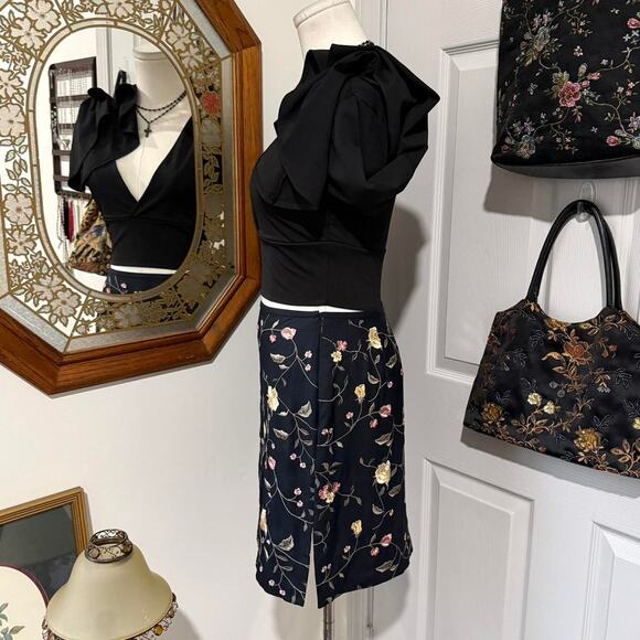 VTG 90s Petite Sophisticate Black Multicolor Floral Embroidered Silk Mini Skirt - Picture 3 of 7